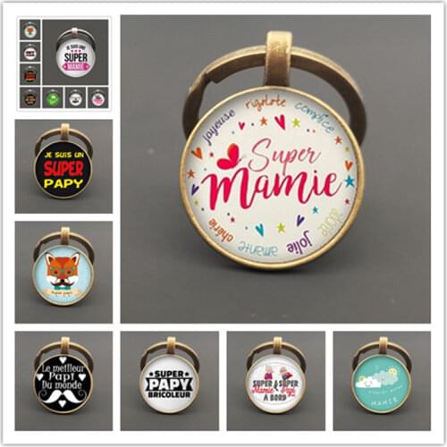 2021 New Super Mami Pattern Keychain Round Glass Pendant Convex Super Papy Keyring Jewelry Gift Fathers Day