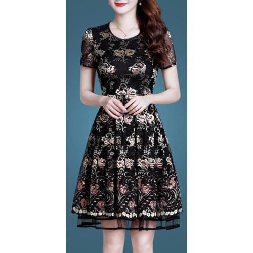 New Dress Elegan Breathable Mesh Ironing Bud Silk Edge Round Neck Foreign Style Slim High-end Feminine Cocktail Dresses 9160