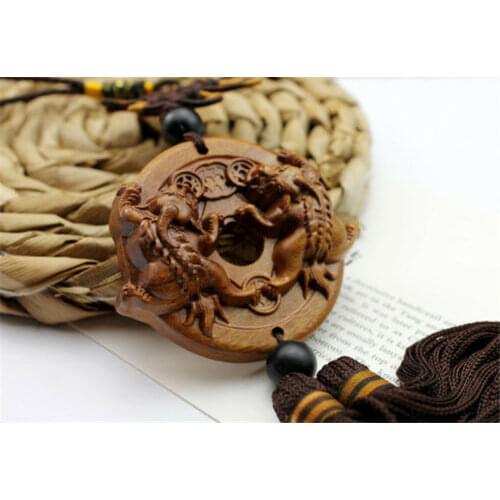 Wood Carving Chinese Wealth Double Pixiu Pi Yao Dragon Car Pendant Amulet Craft