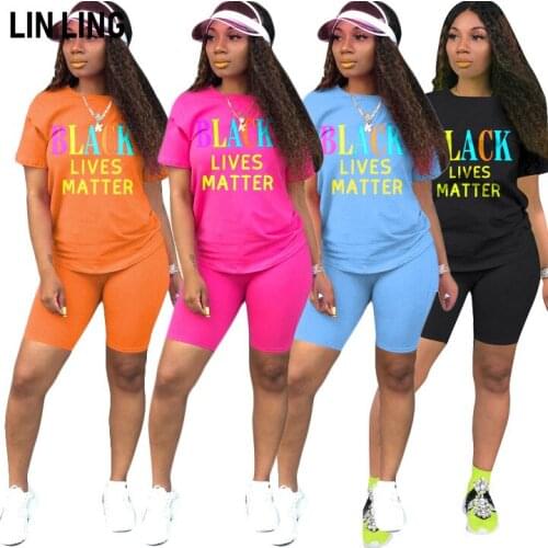 LINLING Casual Fashion Basic Letter Print Round Neck Short Sleeve Slim Elastic Pants Running Matching Suit