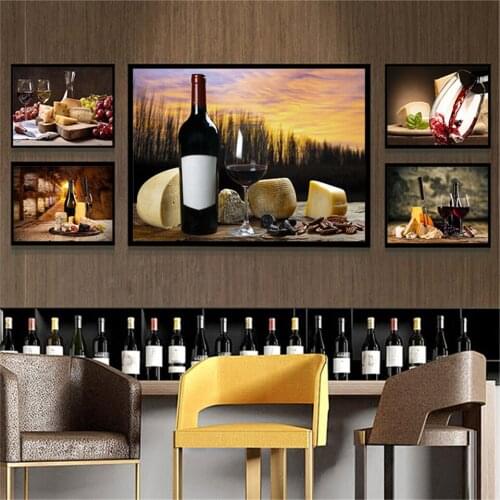Romantic Wine Still Life Red White Grape Wine In Glass with Cheese Canvas Painting Prints Poster Kitchen Diningroom Home Decor