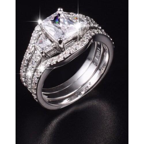 Luxury Three-stone Simulated Diamond cz rings sets Jewelry 3-in-1 10KT White gold Plated CZ Wedding Bride Ring for Women SZ 5-10