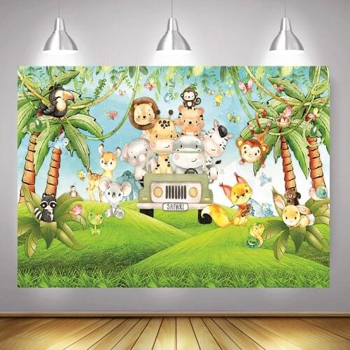 Safari Animal Birthday Party Backdrop Photo Studio Cartoon Jungle Green Forest Photography Background Woodland Newborn Photocall