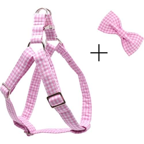 Dog harness with bowtie and basic dog leash blue plaid adjustable buckle pet supplies s,m,l