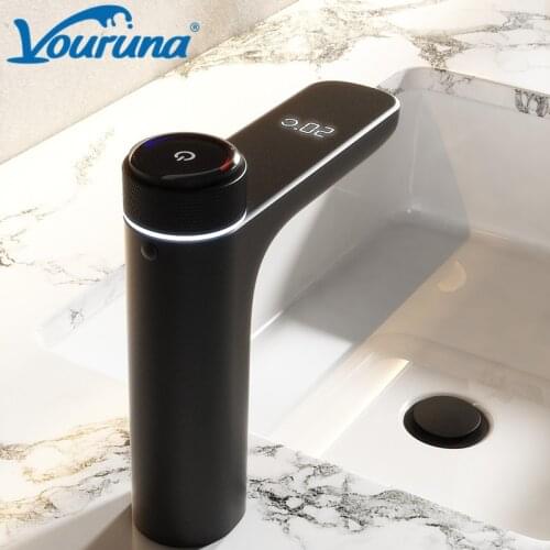 VOURUNA Intelligent Display Digital Bathroom Faucet With Sensor Modern Basin Mixer Tap Black No Need Battery Water Powered