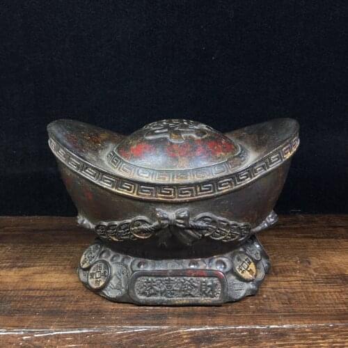 6"Tibet temple Old Bronze Lacquer Cinnabar Copper ingot Lucky fortune Congratulations Ornaments