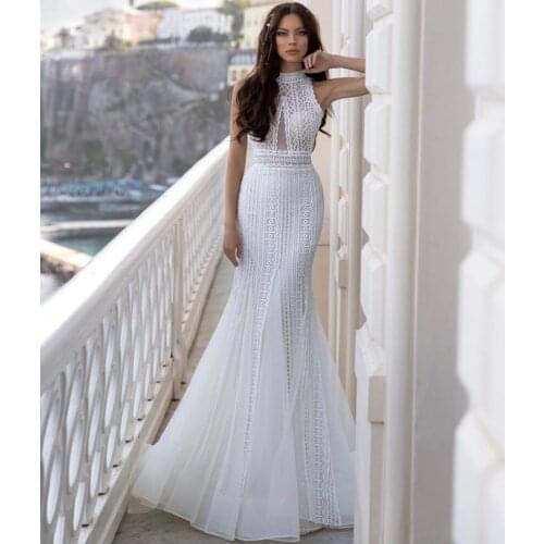 Dreamy Mermaid Wedding Dress 2021 Halter Backless Lace Embroidery Sleeveless Sweep Train Romantic Bride Gown Vestidos De Noiva