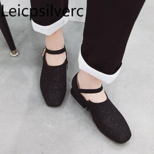 Pumps Spring and autumn new Fashion Sequin belt buckle Square head zipper Thick heel mid heel Womens shoes plus size 32-48