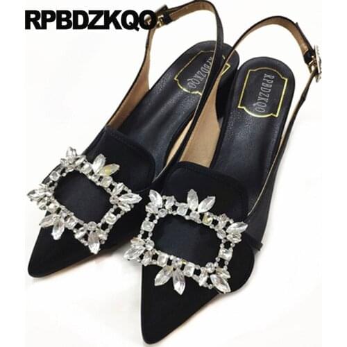 High heels thick pointed toe slingback satin diamond ladies medium black jewel bridal rhinestone crystal shoes women 2019 pumps