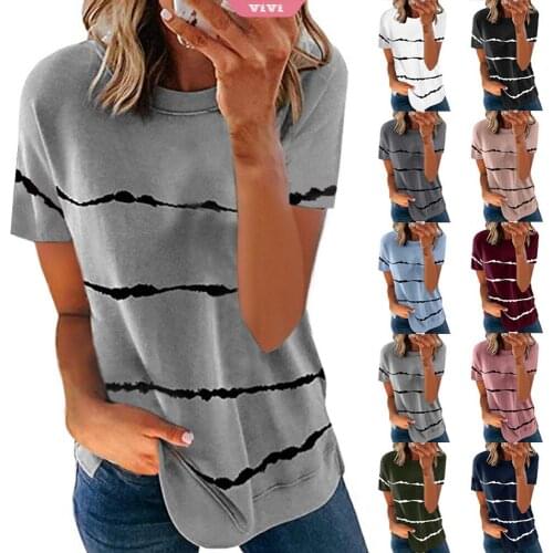 2021 Short Sleeve T-Shirt Womens Fashion Casual Striped Round Neck Loose Top T-Shirt