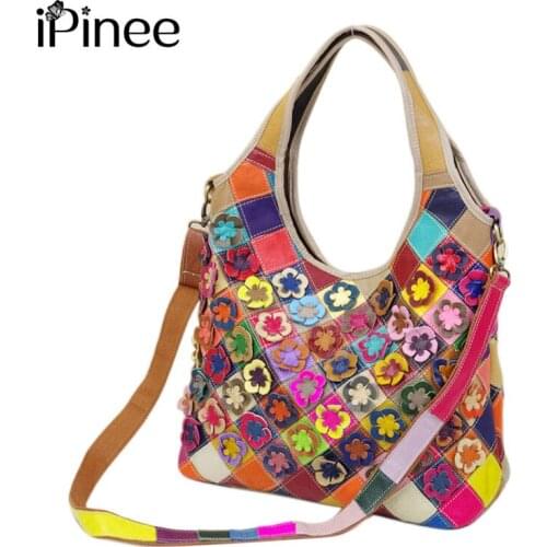 IPinee Genuine Leather Women Bag Fashion Flower Women Handbag Famous Brand Bag Casual Women Messenger Bag