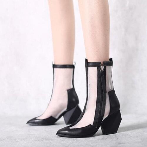 Summer New Fashion Style Strange High Heels Point Toe Breathable Mesh Mixed Colors Women Ankle Short Gladiator Boots 0623