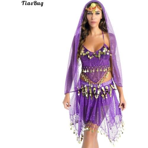 Women Sparkling Sequin Tassels Outfits Belly Dance Performance Costume Halter Padded Bra Crop Top With Skirt Veil Headwear