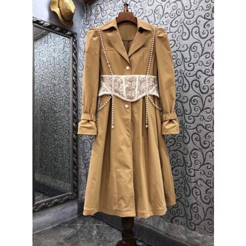 Tops Fashion New Long Coat Trench 2021 Autumn Winter Women Beading White Lace Patchwork Single Breasted Long Coat Outerwear