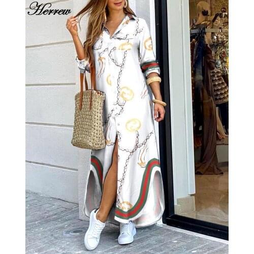 HERREW Fashion Sexy Summer Print Long Dress Women 2021 Elegant Casual Robe Long Sleeve Dresses Woman Pocket Button Shirt Dress