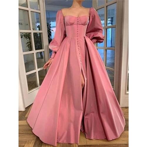 Pink Elegant Princess Prom Dresses Long Sleeves High Split Buttons Taffeta A-Line Women Formal Evening Party Gowns Custom Made