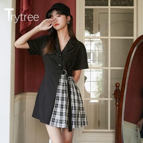 Trytree 2020 Summer Woman Casual Dress Turn-down Collar Button Patchwork Plaid Elegant Temperament Belt A-line Mini Dress