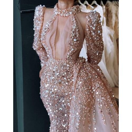 Light Pink Mermaid Evening Dresses with Removeable Train Long Sleeves Keyhole Neck Mermaid Prom Gowns Sequin robe de soirée