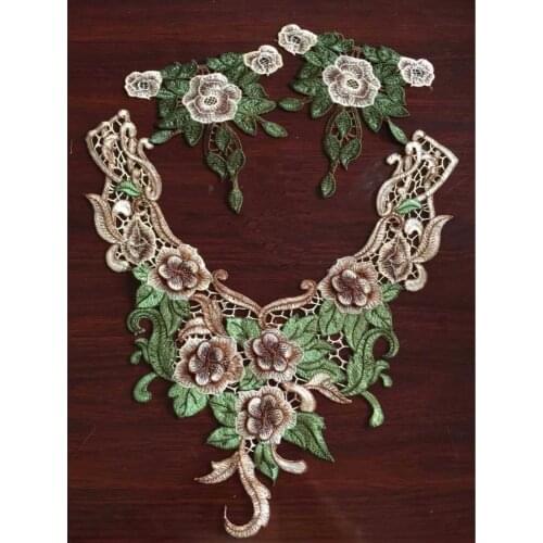 1 Set Brown Lace Embroidered Venise Floral Lace Applique Neckline Collar Pair For Wedding Bridal Dress NL290