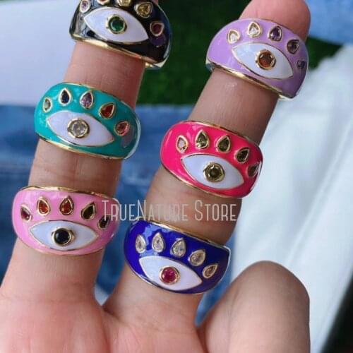 5Pcs RM39050 Copper Evil Eye Her Ladies For Women Plated For Women Ladies Gold Ring Colors Gold Plated Enamel Evil Eye Ring