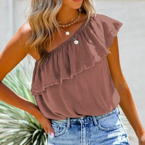 Womens Blouses Summer White Shirts Patchwork Tassel One Shoulder Sleeveless Blouse Womens Clothing 2021 Blusas Femme Y2k Tops