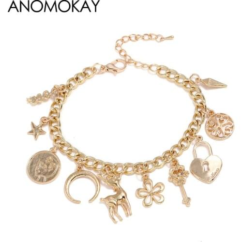 Dropshipping Hot Gold Heart Moon Star Flower Deer Mulitlayer Chain Link Bracelets Fashion Charm Pendant Bracelets for Women Gift