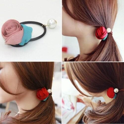 Blue Black Cloth Rose Flower Artificial Pearl Elastic Hair Bands Ponytail Holders Headwear Hair Accessories for Women