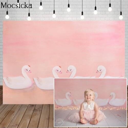 Mocsicka Cute White Swan Pink Photography Background Newborn Baby Child Birthday Portrait Photo Backdrop Decoration Props Studio