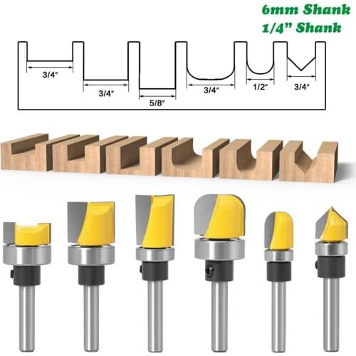 6PCS 1/4"OR 6mm Shank Pattern Bit Flush Trim Bit Straight Bit with Bearing Hinge Mortising Router Bit Wood Trimmer Cutter