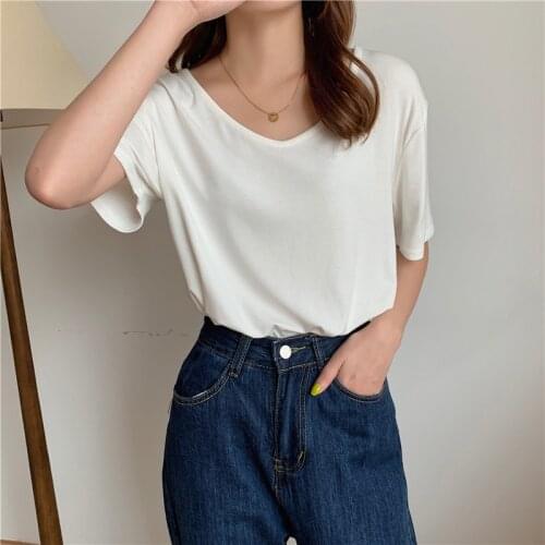 Alien Kitty 2021 New Summer V-Neck All-Match Tops Elegant Fashion Brief Stylish Solid Office Lady T-Shirts Loose Tees Women