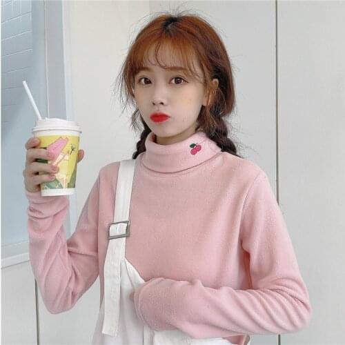 Womens T-shirts Tops Japanese Kawaii Ulzzang Lazy Turtleneck Cute Casual Loose T-shirt Female Korean Harajuku Clothes For Women