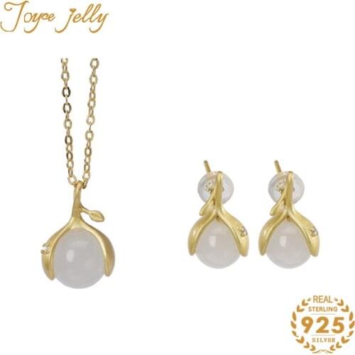 JoyceJelly Women Fashion Jewelry Set 925 Sterling Silver Jade Necklace Earrings Unique Tree Bud Design Wedding Gift Wholesale