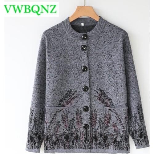Middle-aged ladies Cardigan Women Spring autumn Long Sleeve Female Elegant Knitted Pocket Loose Outerwear Sweater High Quality