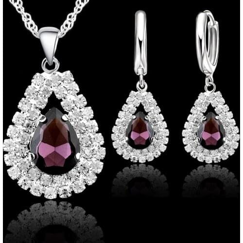 S925 Sterling Silver Jewelry Sets For Wedding Engagement Women Bridal Water Drop Crystal Pendants Necklace Earrings Set