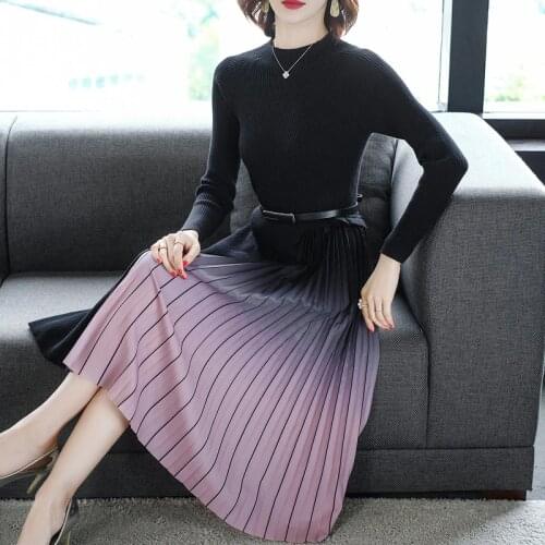 Korean Sweater Dress Fashion Women Knitted Dresses Elegant Women High Waist Pleated Sweaters Dress Winter Women Dresses Vintage