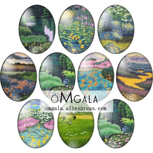 Beauty Oli Paintings Flower Plant Scenery 10pcs 13x18mm/18x25mm/30x40mm Oval photo glass cabochon demo flat back Making findings