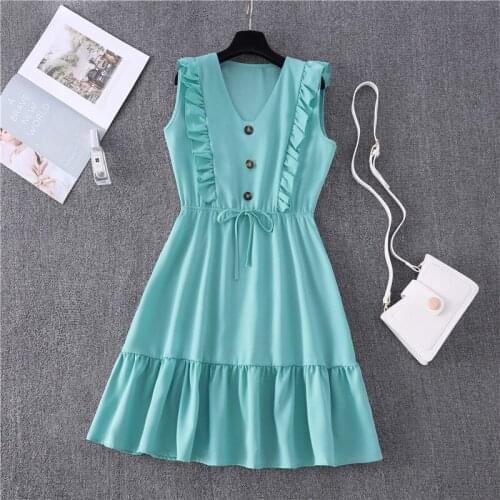 Summer Womens Dress V Neck Butterfly Sleeve Ruffles Sweet A-Line Dresses Solid Elastic Waist Mini Robe Femme Buttons Vestidos
