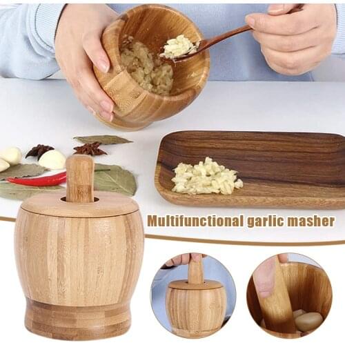 Bamboo Wood Mortar and Pestle Set with Lid Spoon Grinder Press Crusher Masher for Pepper Garlic Herb Spice E2S