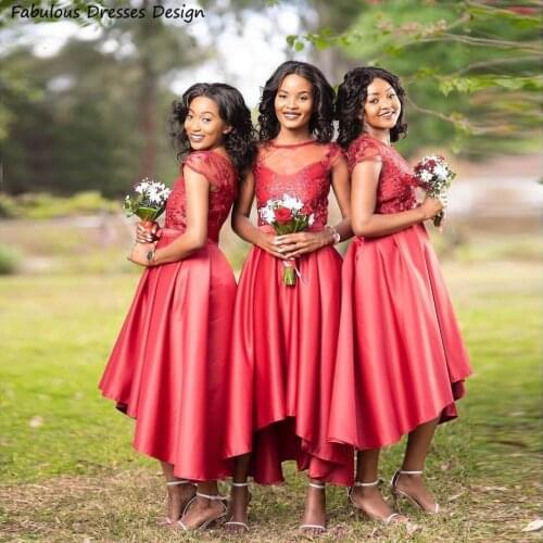 Illusion Watermelon High-Low Bridesmaid Dresses Applique Lace African Women Tea Length Wedding Party Dress Cap Shoulder A Line