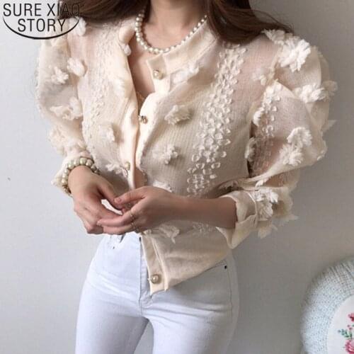 Casual Button Shirt 2021 Autumn Long Sleeve Tops New Fashion 3D Flower See Through Blouse Women Shirts Apricot Clothing 15443