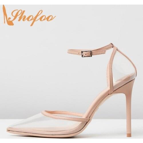 Clear And Nude Tones PVC Cap Pointy Toe Ankle Strap Sandals Woman Stilettos For Ladies Dress Shoes 2021 Fashion Large Size 13 15