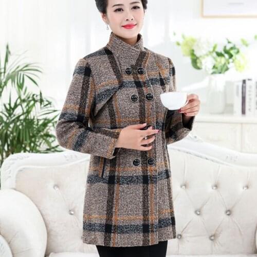 Middle and long middle-aged womens woolen coat autumn and winter new large size thick plaid stand collar wool coat TB190216