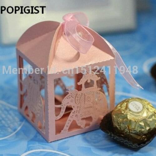 Elephant Laser Cut Hollow Carriage Favors Box Gifts Candy Boxes With Ribbon Baby Shower Wedding Event Party Supplies 50