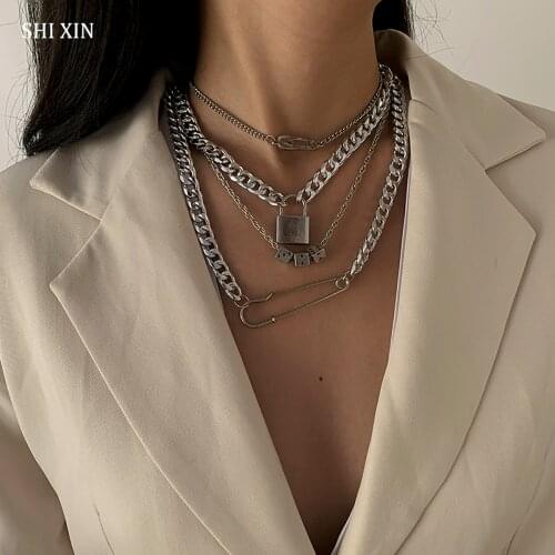 SHIXIN 4Pcs Hiphop Thick Chain With Dice/Lock Pendant Necklace for Women Punk Layered Fashion Necklace Set Jewelry for Neck 2021