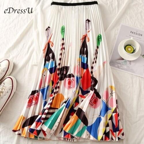 High Waist Pleated Midi Skirt Women Print Novelty Trendy Pleated Skirt Elastic Summer Autumn Skirt Casual Daily Wear LS-9831