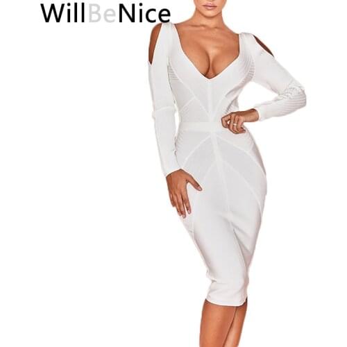 WillBeNice Sexy White Hollow Out Bandage Dress V Neck Long Sleeve Dress Bandage Party Dress Plus Size Dress Bodycon Winter Club