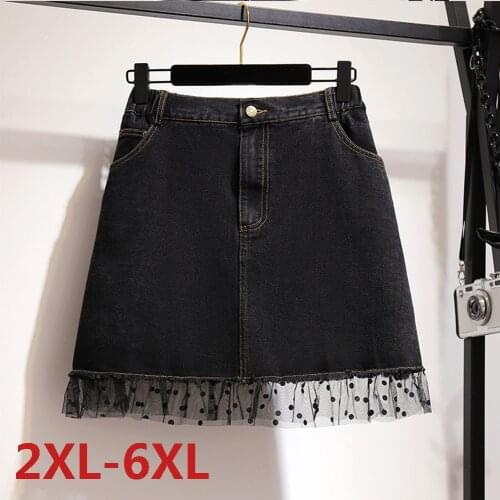 Mini Denim Skirt Plus Size Fat MM Women 2021 Summer Black Mesh Lace Patchwork Jeans High Waist A-line Skirts