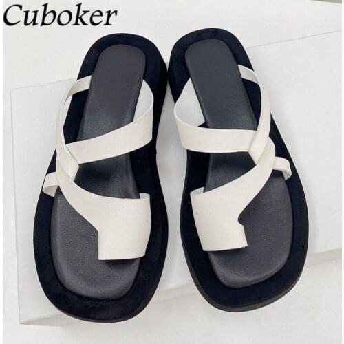 Brand Runway Pinch Toe Slippers Women Thick Sole Genuine Leather Flip Flops Slides Ladies Fold Tied Vacation Beach Shoes Women