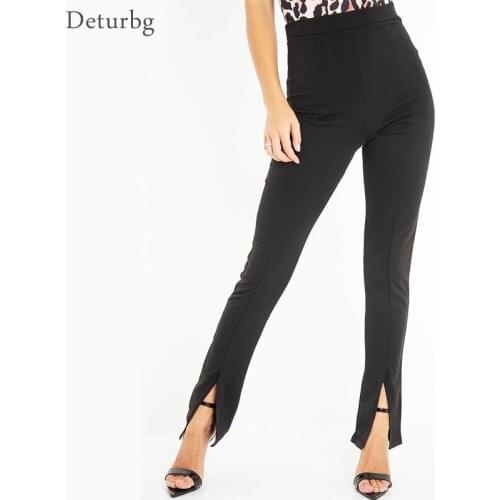 Womens Fashion Solid Color Long Pencil Pants Female Casual High Waist Black Splits Trousers Skinny Tights 2019 Winter PA92
