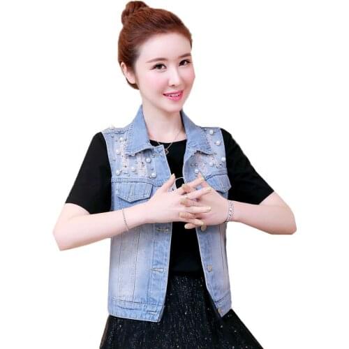 New 2021Spring Autumn Broken Hole Beading Women Denim Vest Short Joker Sleeveless Waistcoat Slim Cowgirl Blouse Outerwear R134